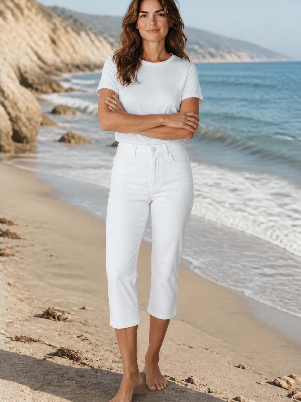 High-Rise White Cotton Capris
